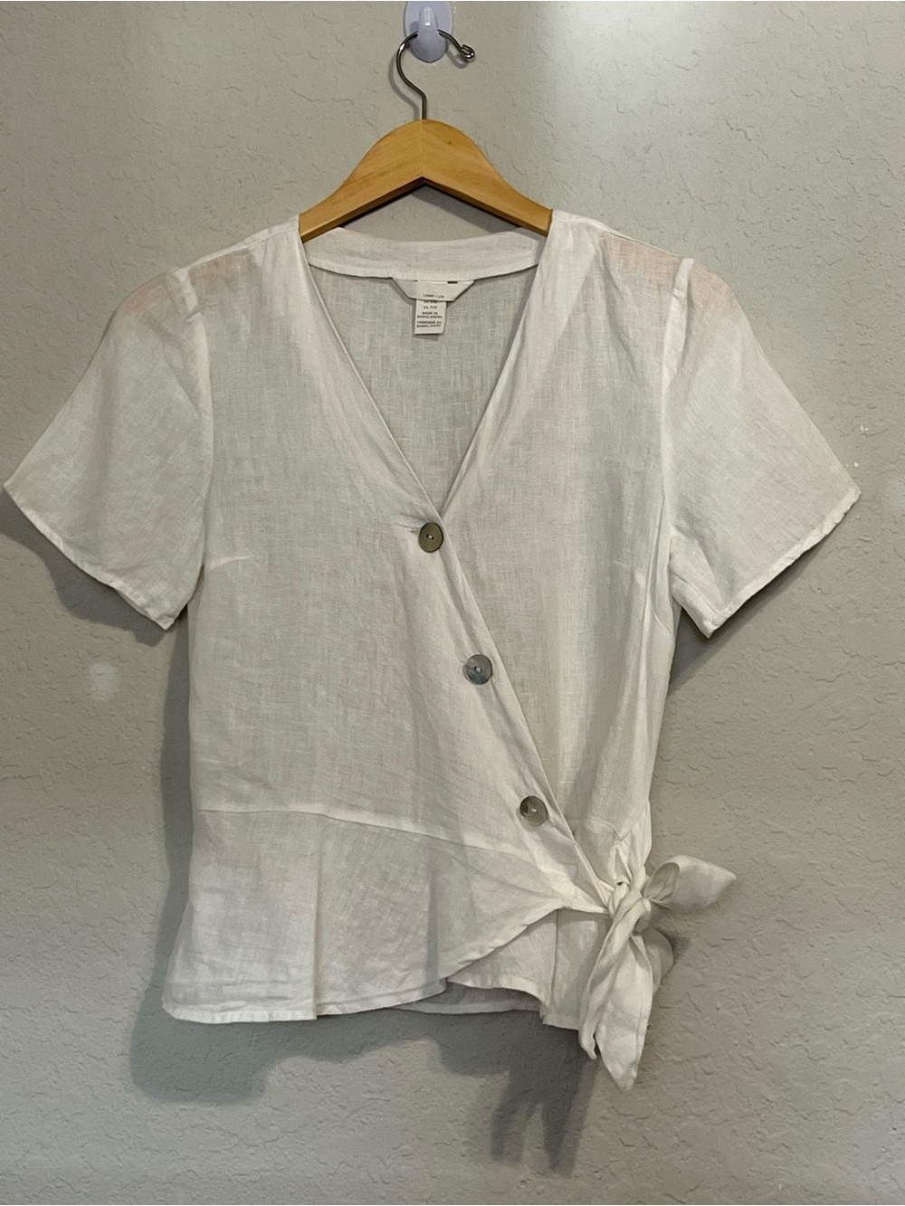 H&M 100% Linen White Wrap Blouse XXS Sheer Tie Side Button Short Sleeve